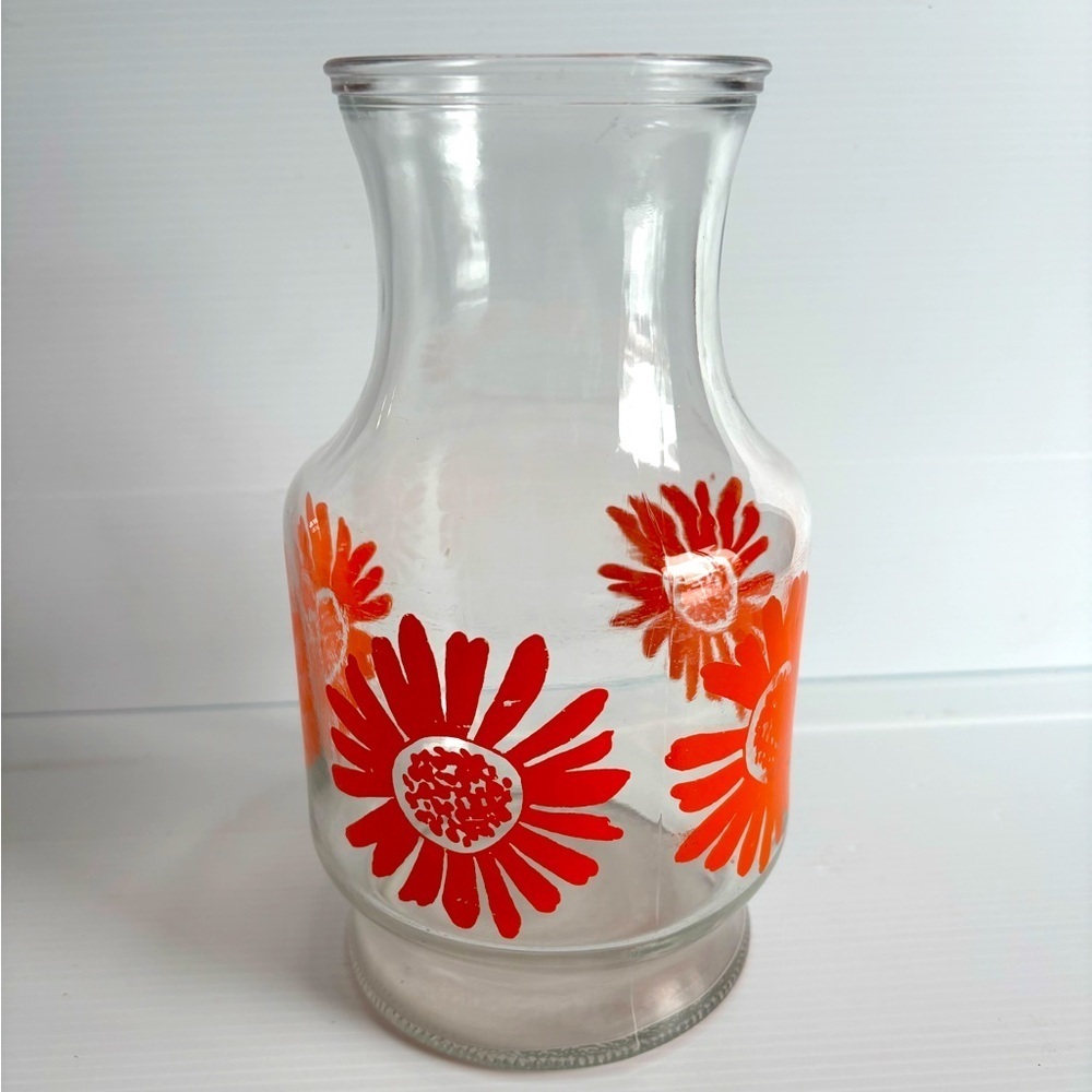 Retro 70s Floral Glass Vase Red and Orange